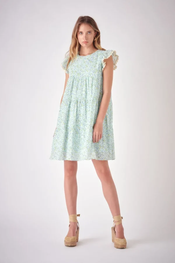 FREE THE ROSES Tops*- Floral print with Embroidery Babydoll Dress BLUEMULTI