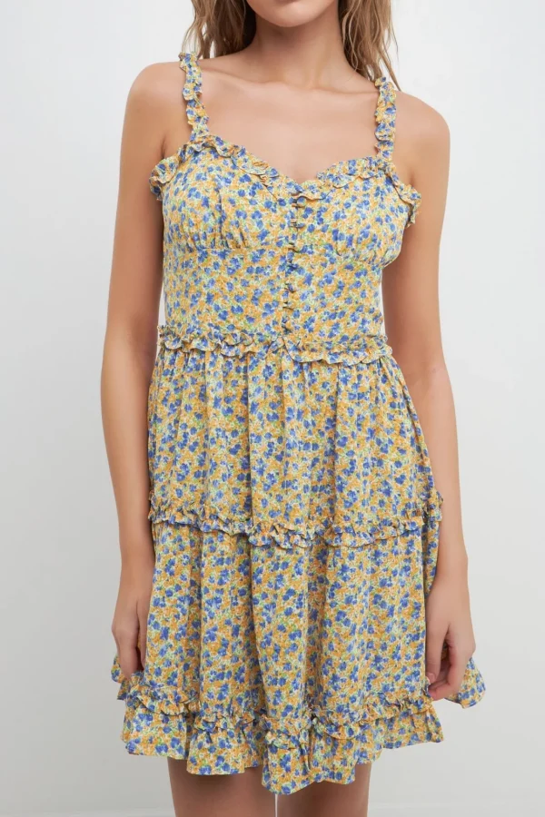 FREE THE ROSES Tops*- Floral Ruffle Detail Mini Dress ORANGEMULTI