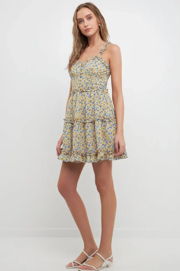 FREE THE ROSES Tops*- Floral Ruffle Detail Mini Dress ORANGEMULTI