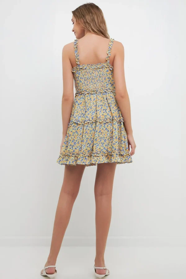 FREE THE ROSES Tops*- Floral Ruffle Detail Mini Dress ORANGEMULTI