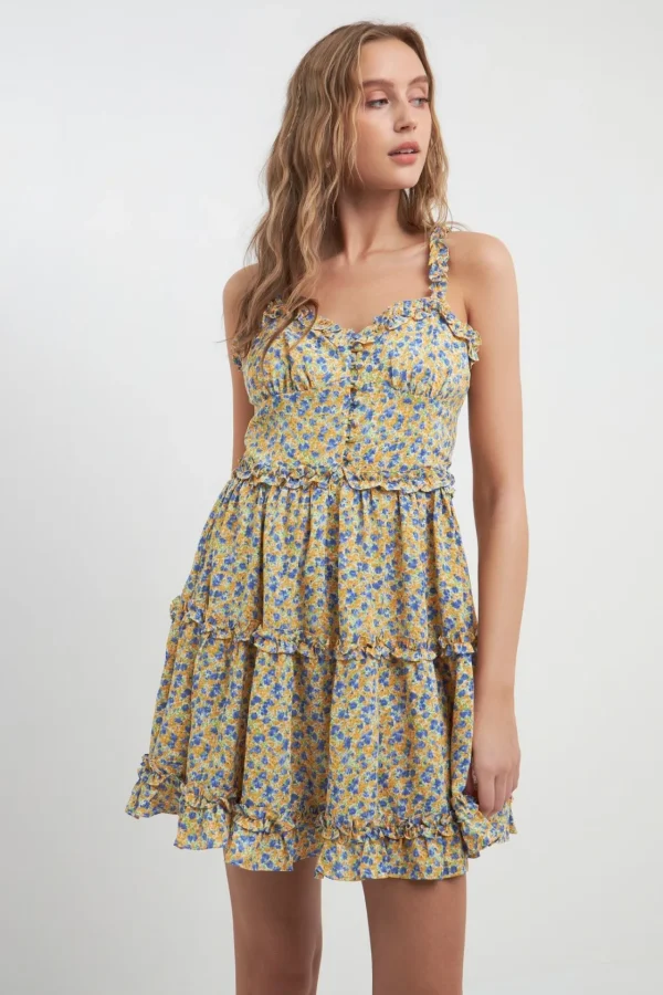 FREE THE ROSES Tops*- Floral Ruffle Detail Mini Dress ORANGEMULTI