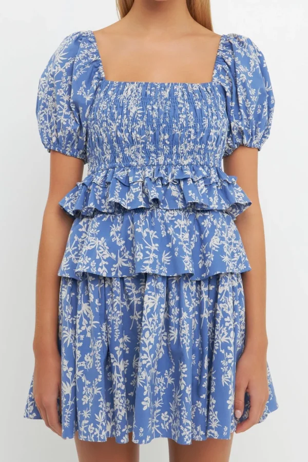 FREE THE ROSES Tops*- Floral Smocked Tiered Mini Dress BLUE