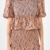 FREE THE ROSES Tops*- Floral Smocked Detail Top BROWNMULTI