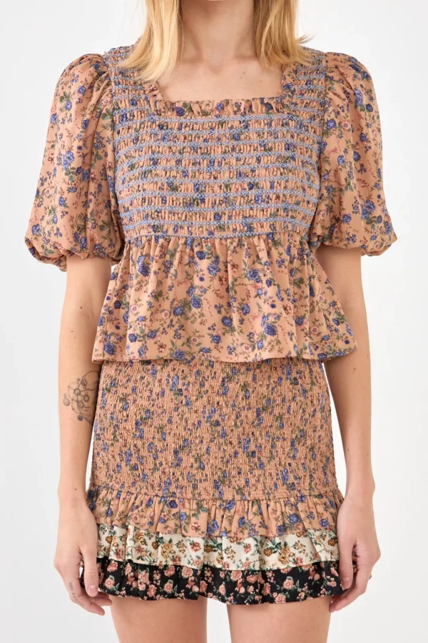 FREE THE ROSES Tops*- Floral Smocked Detail Top BROWNMULTI