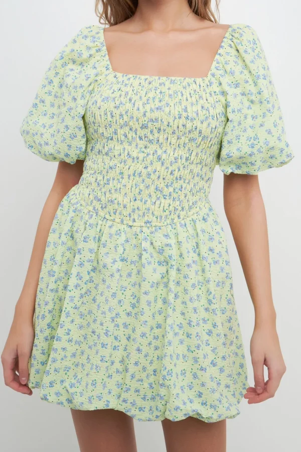 FREE THE ROSES Tops*- Floral Smocked Mini Balloon Dress YELLOWMULTI