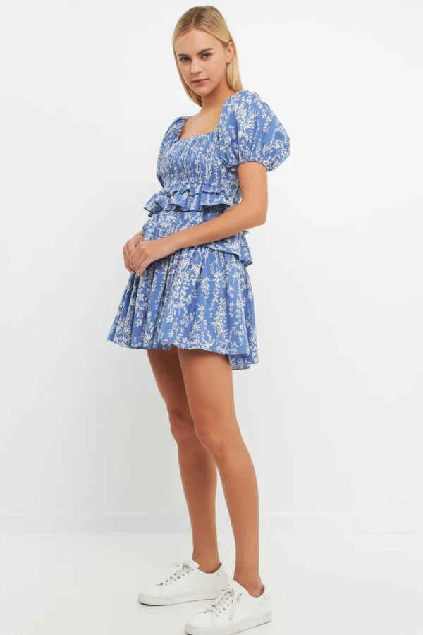 FREE THE ROSES Tops*- Floral Smocked Tiered Mini Dress BLUE