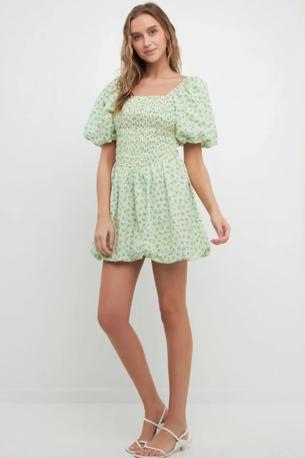 FREE THE ROSES Tops*- Floral Smocked Mini Balloon Dress YELLOWMULTI