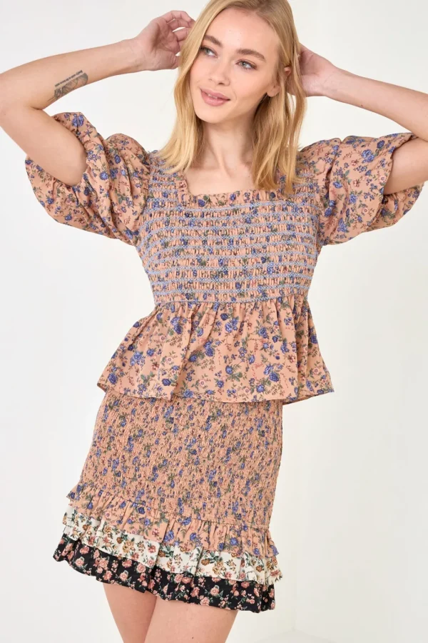 FREE THE ROSES Tops*- Floral Smocked Detail Top BROWNMULTI