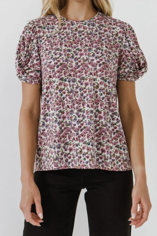 FREE THE ROSES Tops*- Floral Twist Sleeve Detail Knit Top PINKMULTI