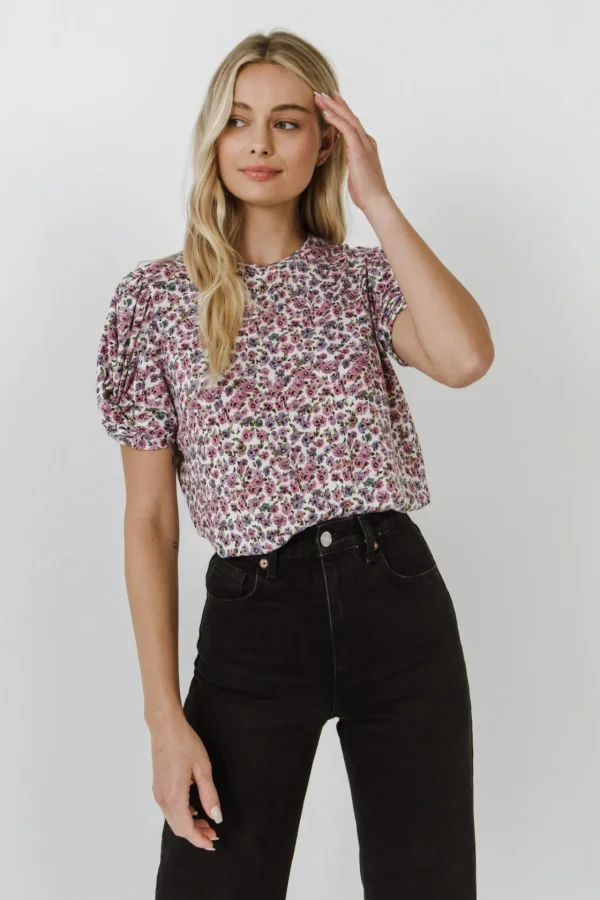 FREE THE ROSES Tops*- Floral Twist Sleeve Detail Knit Top PINKMULTI