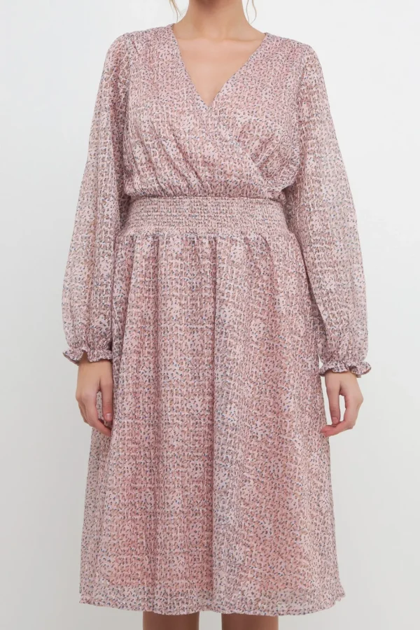 FREE THE ROSES Tops*- Floral Waist Smocked Midi Dress PINK