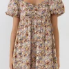 FREE THE ROSES Tops*- Floral with Gold Print Babydoll Dress BLUEMULTI