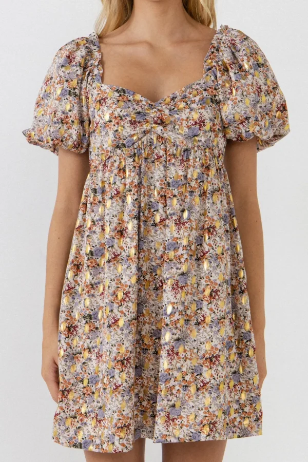 FREE THE ROSES Tops*- Floral with Gold Print Babydoll Dress BLUEMULTI
