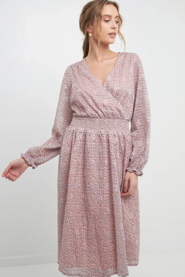 FREE THE ROSES Tops*- Floral Waist Smocked Midi Dress PINK