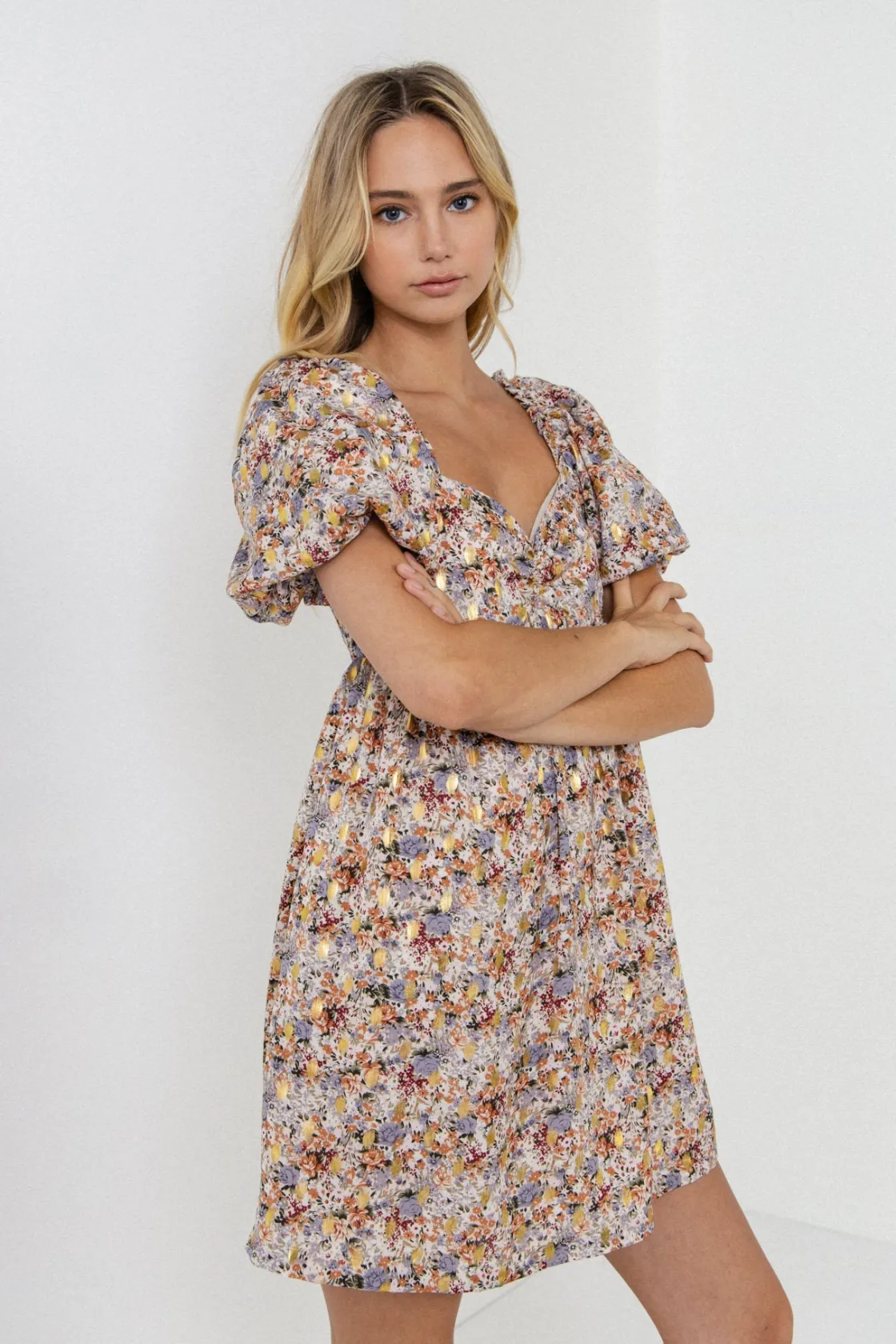 free_the_roses___floral_w_3.webp FREE THE ROSES Tops*- Floral with Gold Print Babydoll Dress BLUEMULTI