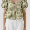 FREE THE ROSES Tops*- Gingham Check Top with Emboridery OLIVE