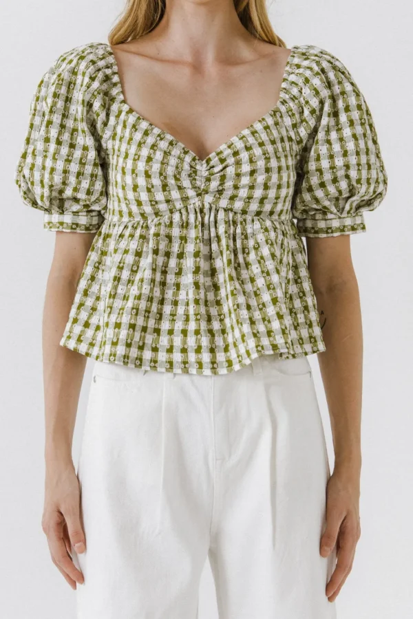 FREE THE ROSES Tops*- Gingham Check Top with Emboridery OLIVE