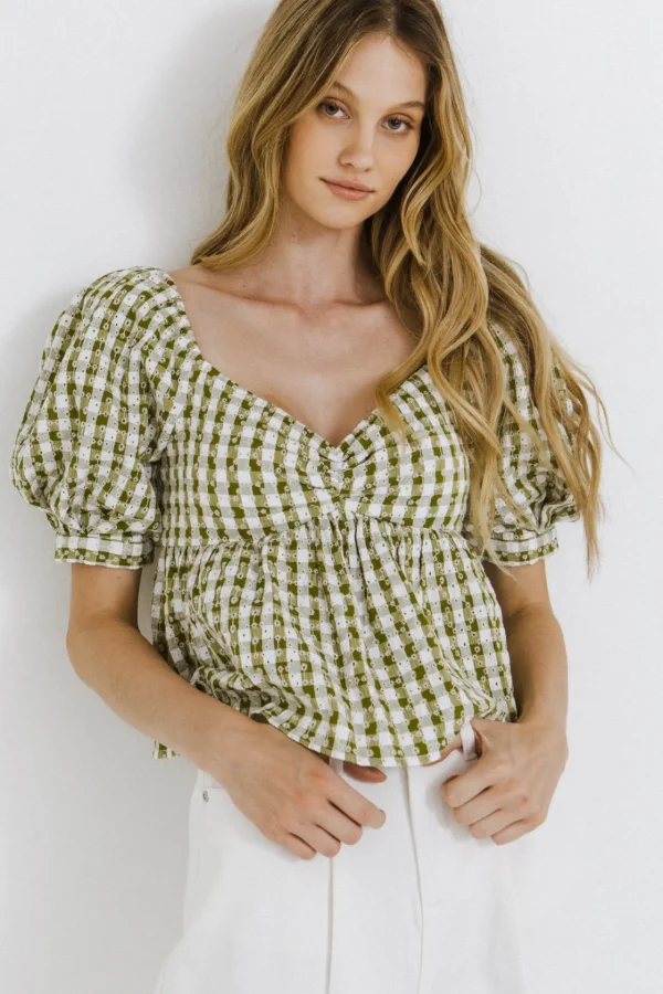 FREE THE ROSES Tops*- Gingham Check Top with Emboridery OLIVE