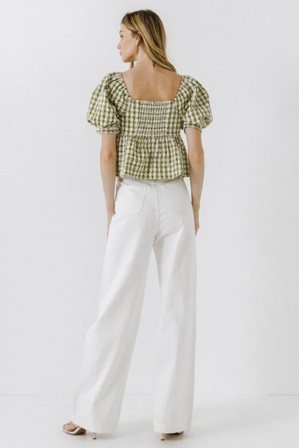FREE THE ROSES Tops*- Gingham Check Top with Emboridery OLIVE