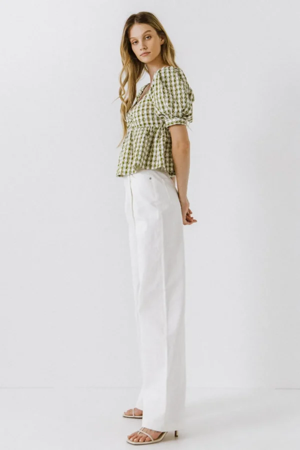 FREE THE ROSES Tops*- Gingham Check Top with Emboridery OLIVE