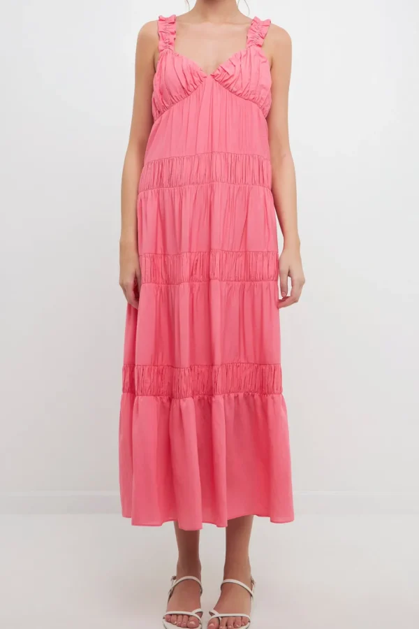 FREE THE ROSES Tops*- Ruched Layered Sweetheart Maxi Dress PINK