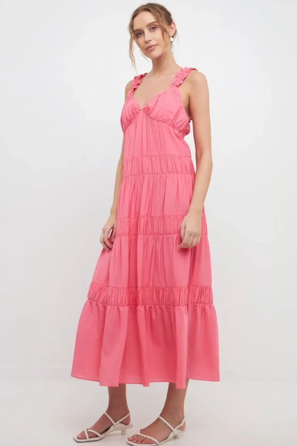 FREE THE ROSES Tops*- Ruched Layered Sweetheart Maxi Dress PINK