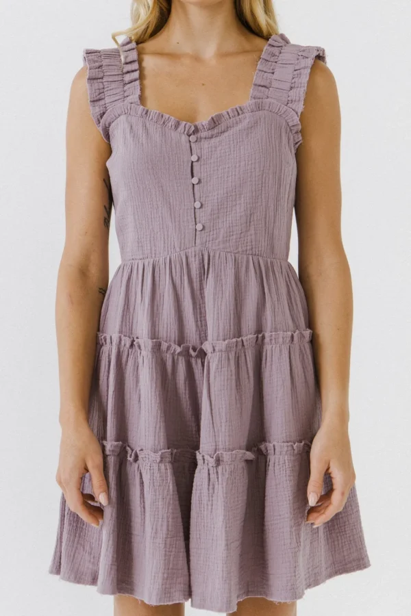 FREE THE ROSES Tops*- Ruffle Tiered Dress with Raw Edging PURPLE
