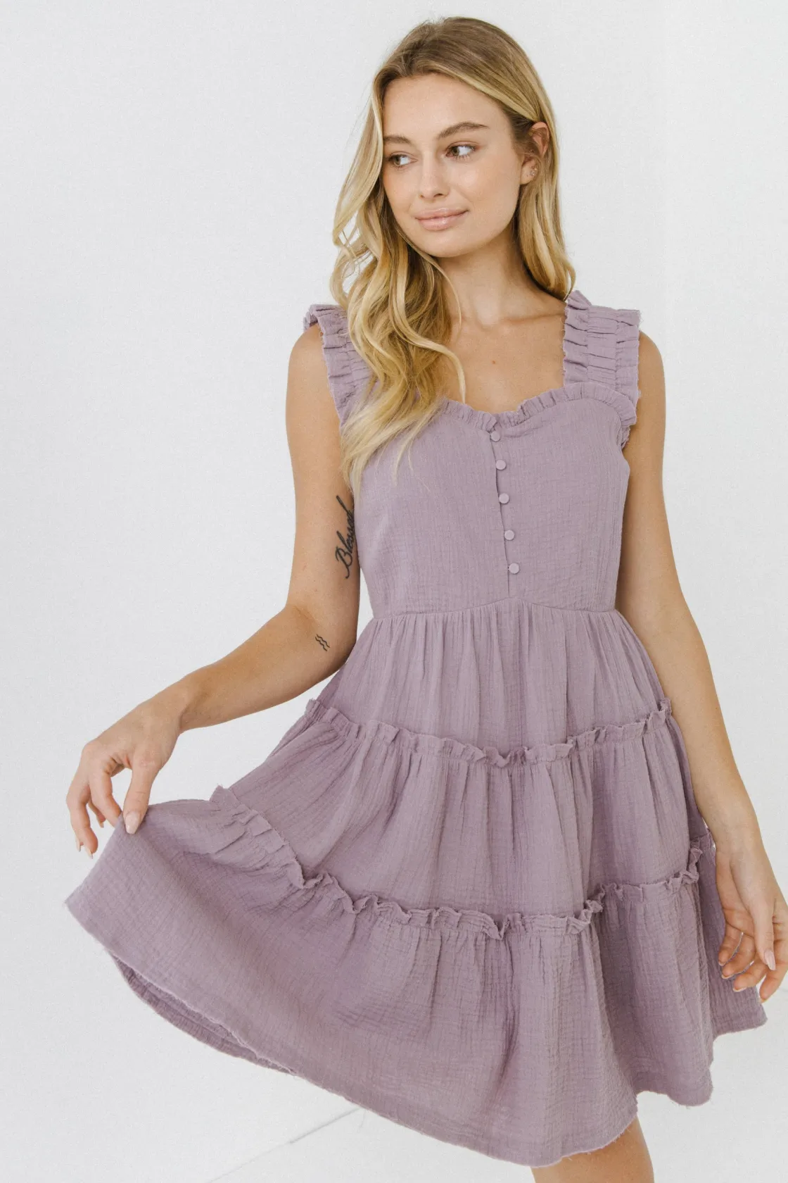 free_the_roses___ruffle_t_1.webp FREE THE ROSES Tops*- Ruffle Tiered Dress with Raw Edging PURPLE