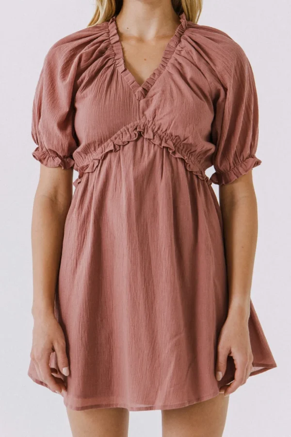 FREE THE ROSES Tops*- Ruffle V-Neck Babydoll Dress MAUVE
