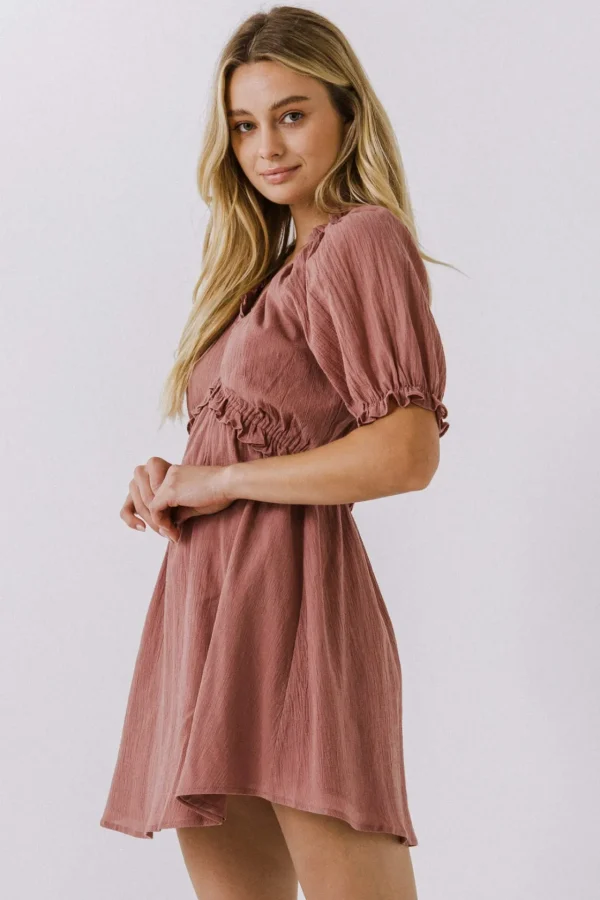 FREE THE ROSES Tops*- Ruffle V-Neck Babydoll Dress MAUVE