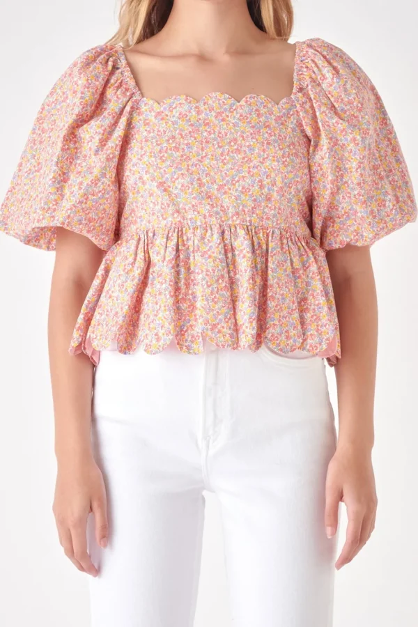 FREE THE ROSES Tops*- Scalloped Detail Top PINKMULTI