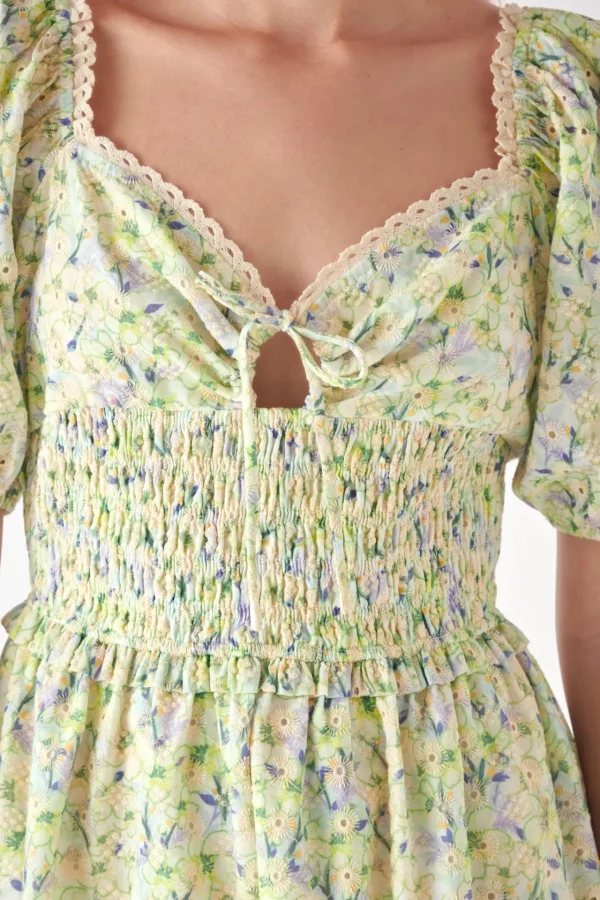 FREE THE ROSES Tops*- Shirred Waist Milkmaid Mini Dress GREENMULTI