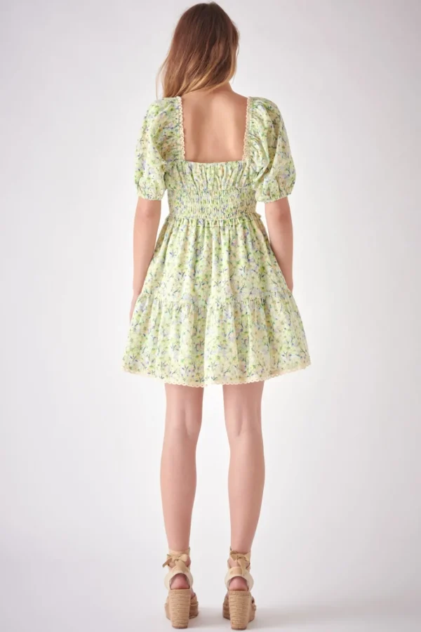 FREE THE ROSES Tops*- Shirred Waist Milkmaid Mini Dress GREENMULTI