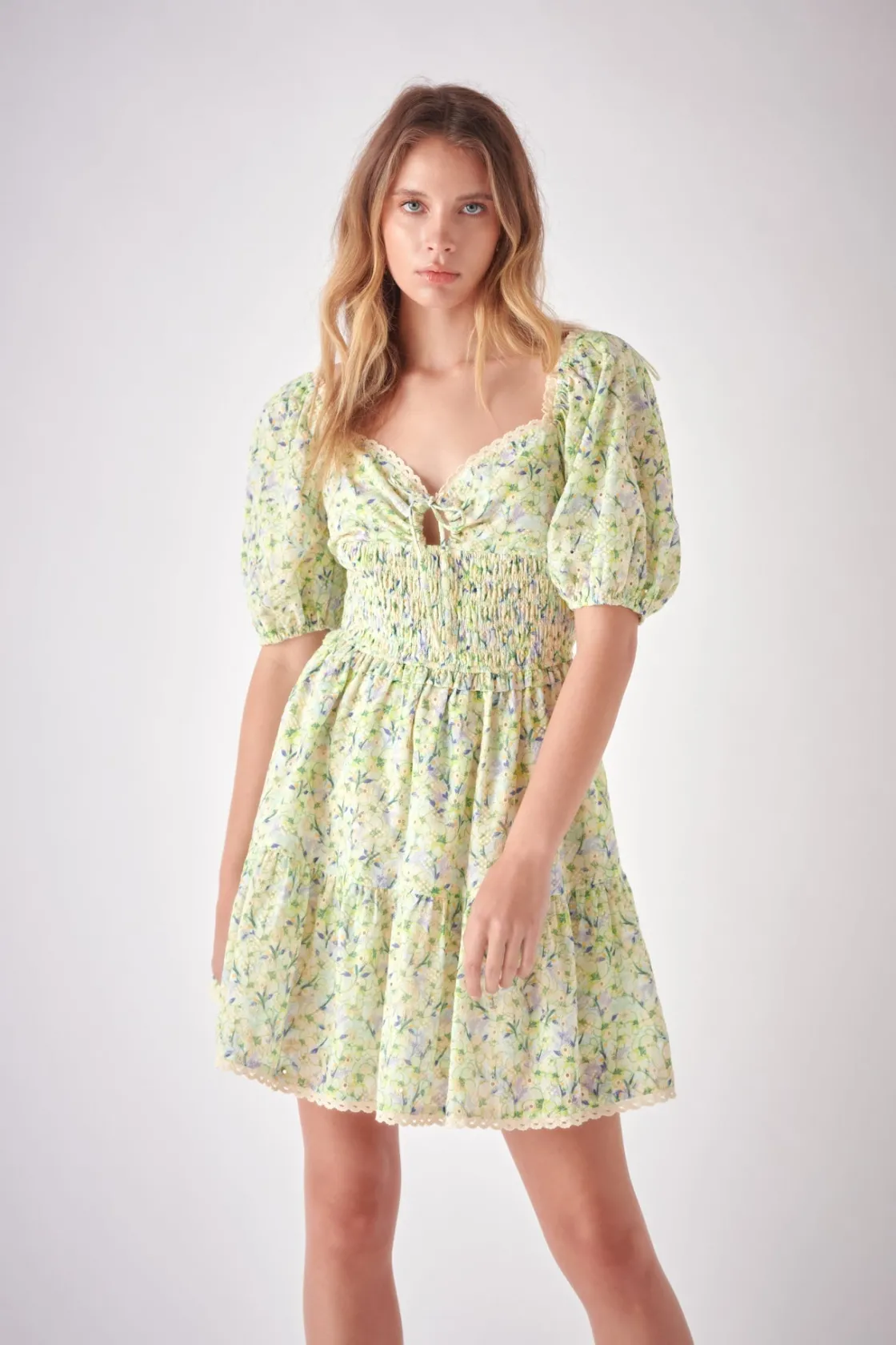 free_the_roses___shirred__3.webp FREE THE ROSES Tops*- Shirred Waist Milkmaid Mini Dress GREENMULTI