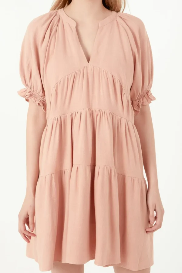 FREE THE ROSES Tops*- Solid Tiered Dress With Ruffled Sleeves BLUSH