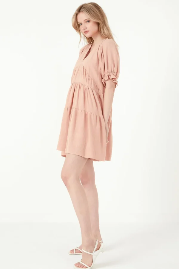 FREE THE ROSES Tops*- Solid Tiered Dress With Ruffled Sleeves BLUSH