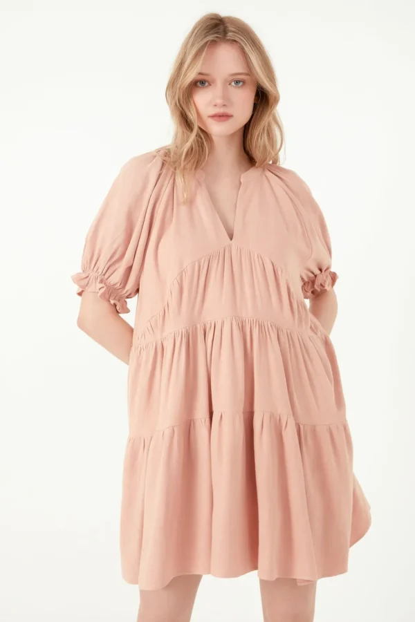 FREE THE ROSES Tops*- Solid Tiered Dress With Ruffled Sleeves BLUSH