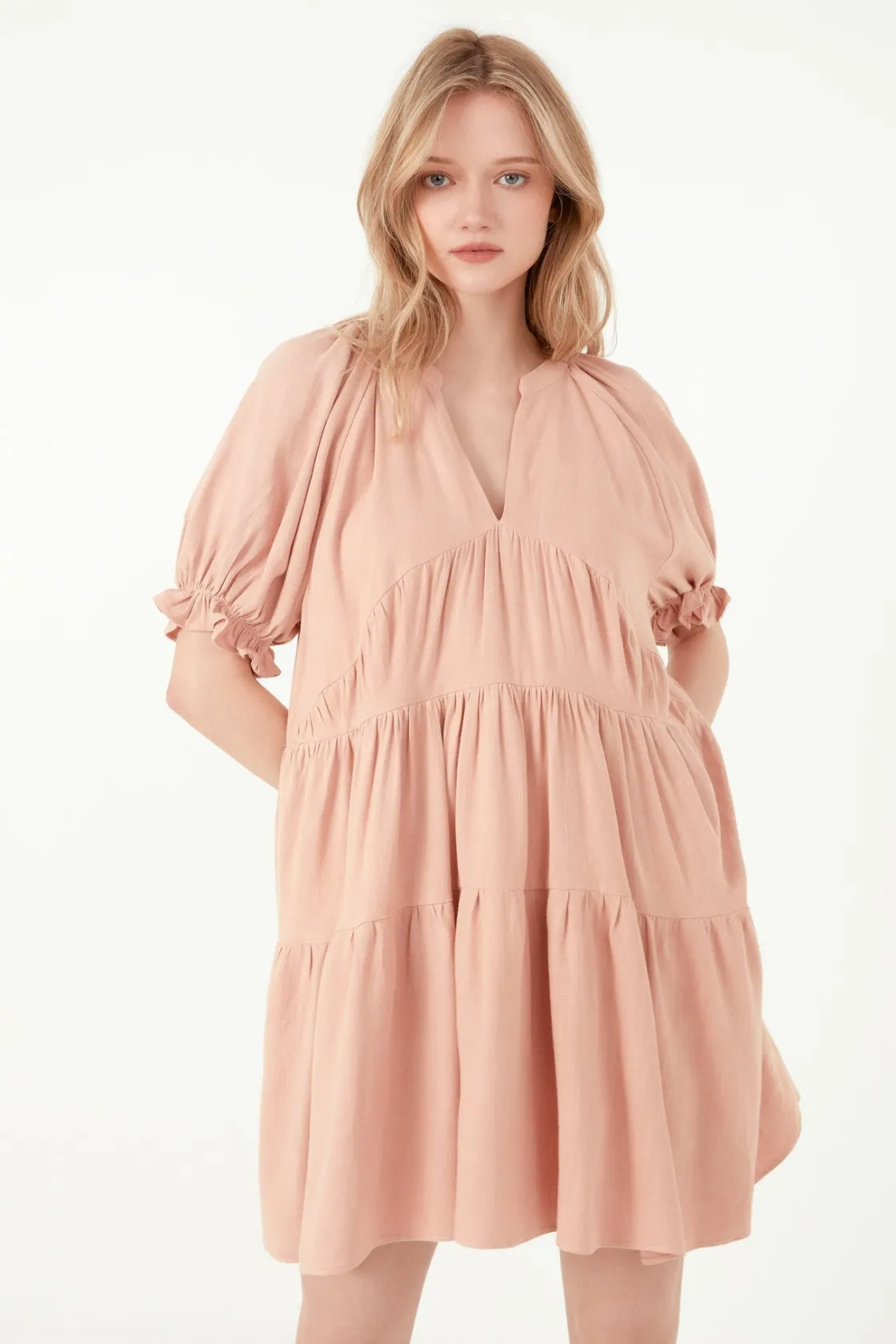 free_the_roses___solid_ti_3.webp FREE THE ROSES Tops*- Solid Tiered Dress With Ruffled Sleeves BLUSH