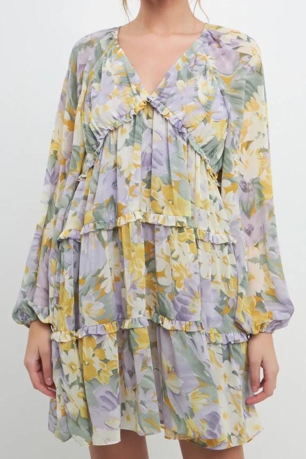 FREE THE ROSES Tops*- Voluminous Flowy Floral Mini Dress PURPLEMULTI