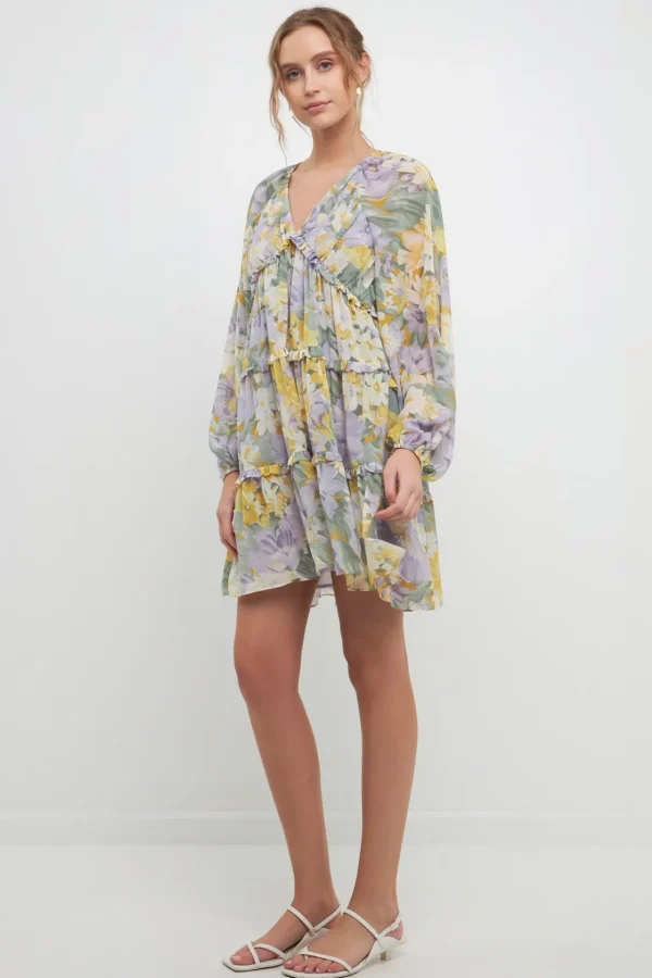 FREE THE ROSES Tops*- Voluminous Flowy Floral Mini Dress PURPLEMULTI