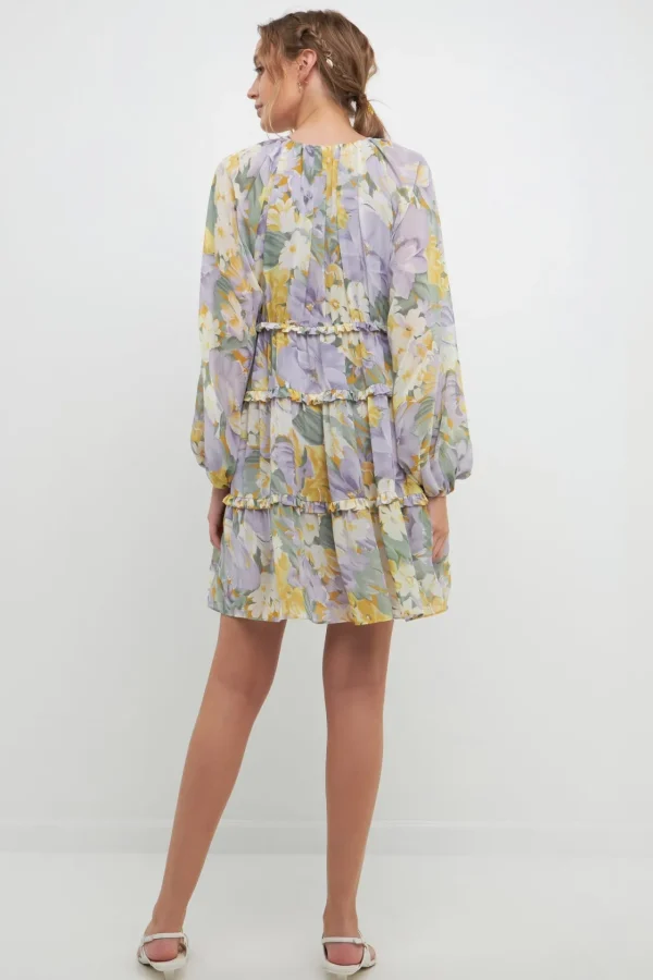FREE THE ROSES Tops*- Voluminous Flowy Floral Mini Dress PURPLEMULTI
