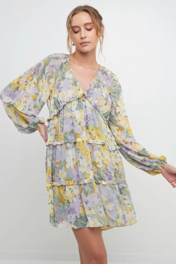 FREE THE ROSES Tops*- Voluminous Flowy Floral Mini Dress PURPLEMULTI