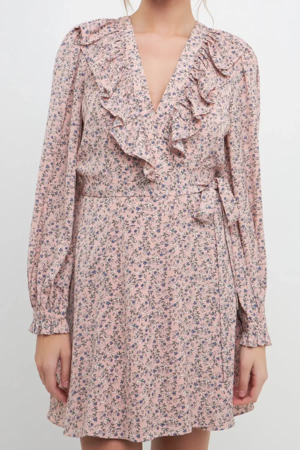 FREE THE ROSES Tops*- Wrapped Mini Dress with Ruffled Neckline MAUVE