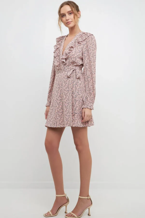 FREE THE ROSES Tops*- Wrapped Mini Dress with Ruffled Neckline MAUVE