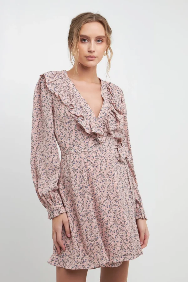 FREE THE ROSES Tops*- Wrapped Mini Dress with Ruffled Neckline MAUVE