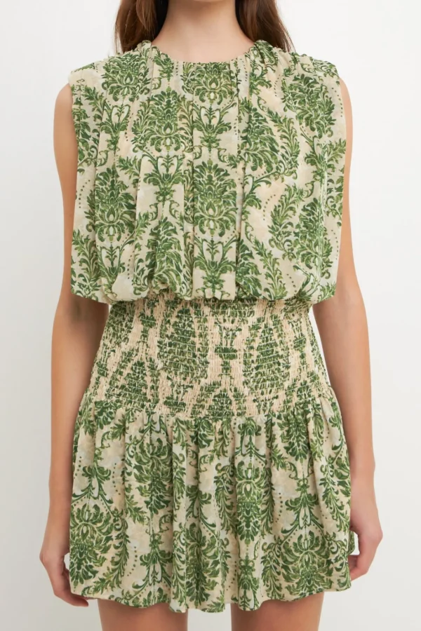 FREE THE ROSES Tops*- Chiffon Baroque Print Mini Dress GREEN