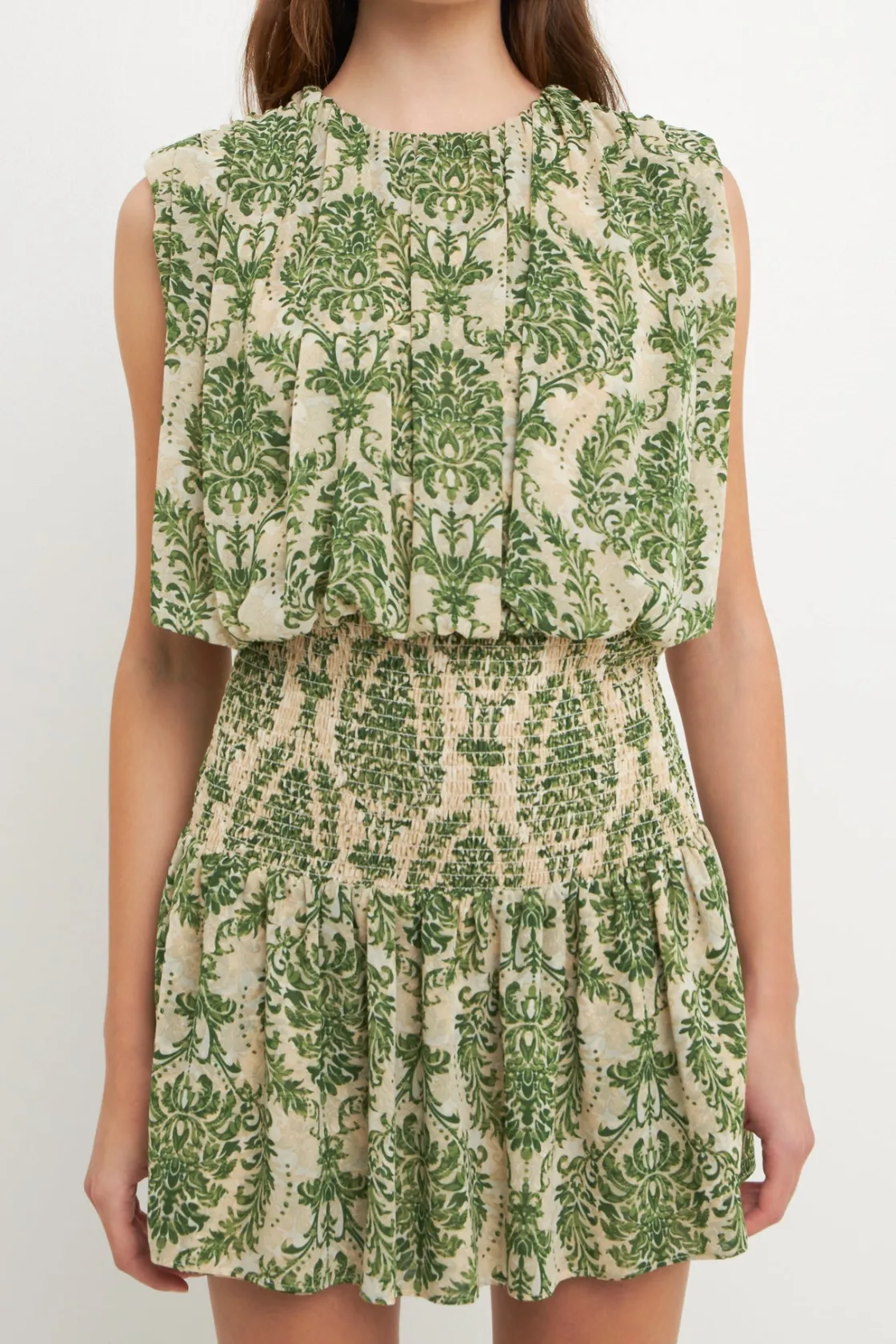free_the_roses__chiffon_b_0.webp FREE THE ROSES Tops*- Chiffon Baroque Print Mini Dress GREEN