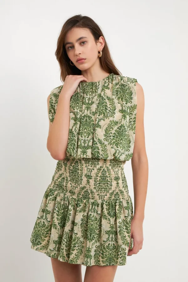 FREE THE ROSES Tops*- Chiffon Baroque Print Mini Dress GREEN