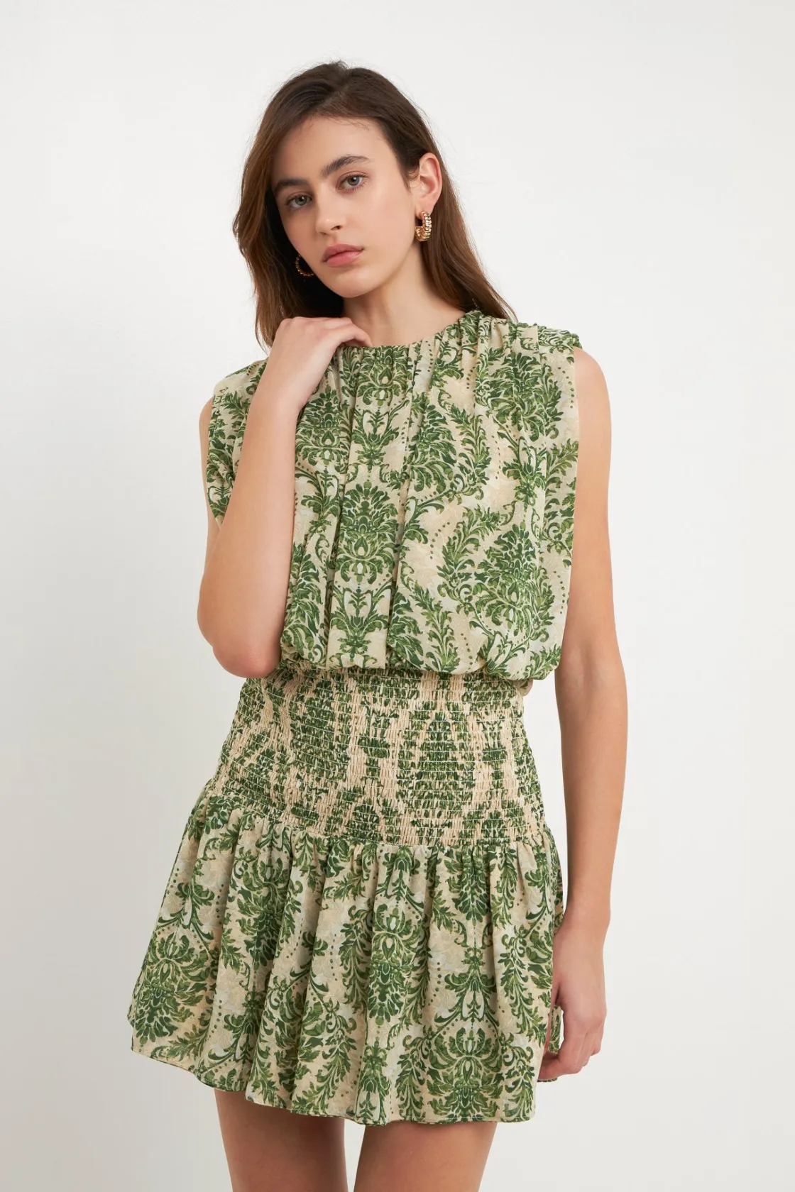 free_the_roses__chiffon_b_3.webp FREE THE ROSES Tops*- Chiffon Baroque Print Mini Dress GREEN