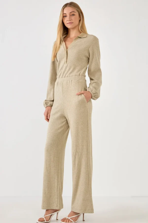 FREE THE ROSES Tops | One Pieces*- Collared Knit Jumpsuit TAUPE
